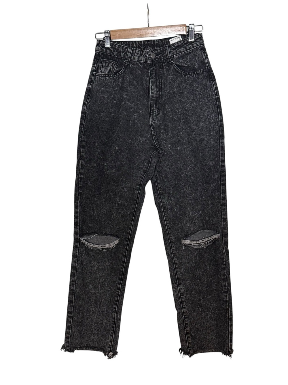 Shein Black Denim Torn Knee High Waist Mom Jeans Size 25 Grunge Casual Distress